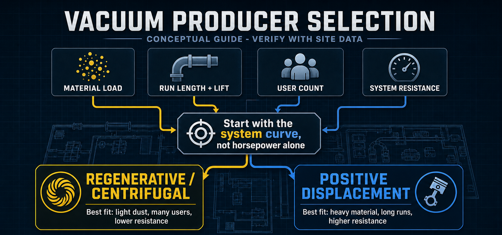 Conceptual vacuum producer selection guide comparing material load, run length, user count, and system resistance for regenerative, centrifugal, and positive displacement equipment choices